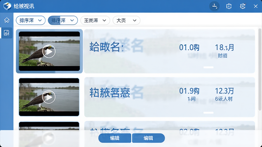 主体:鱼鹰视讯的文件管理界面,显示多个视频文件缩略图列表。布局:列表左侧为视频预览图,右侧为文件名、时长、大小信息。排版:顶部有排序筛选标签,底部有编辑工具按钮。风格:简洁商务风格,蓝白配色,缩略图清晰,界面整洁,无多余元素。