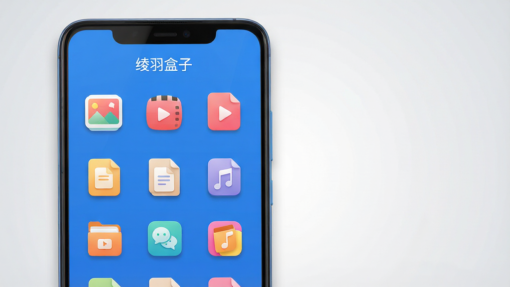主体:一部亮屏的安卓手机,屏幕中显示“绫羽盒子”应用主界面,界面以蓝色为主色调,功能图标整齐排列。布局:手机位于画面中央偏左,右侧留白,背景为浅灰色渐变。排版:手机屏幕内容清晰可见,界面顶部有“绫羽盒子”字样,下方网格状分布各类文件图标。风格:现代扁平化设计,色彩明快,光影柔和。细节:文件图标包括图片、视频、文档、音乐等,界面边缘有细腻的阴影。画质:4K高清,干净,无多余元素。