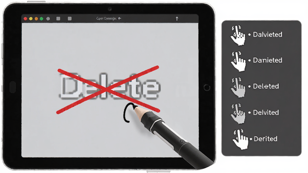WRITEit手势操作示意图,展示笔尖在触控屏上画出一个删除线,屏幕上文字被划掉,旁边有手势指令列表,整体风格简约清晰,突出便捷操作特性,画质干净,无多余元素