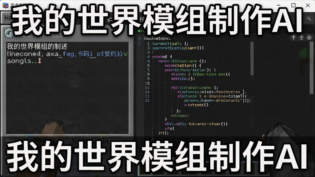 一张展示我的世界模组制作AI智能代码生成功能的界面截图,画面左侧是用户输入的自然语言描述框,右侧是实时生成的代码预览窗口,代码高亮显示,背景为深色编程环境,界面清晰标注“我的世界模组制作AI”字样,整体风格专业简洁,画质干净无杂物