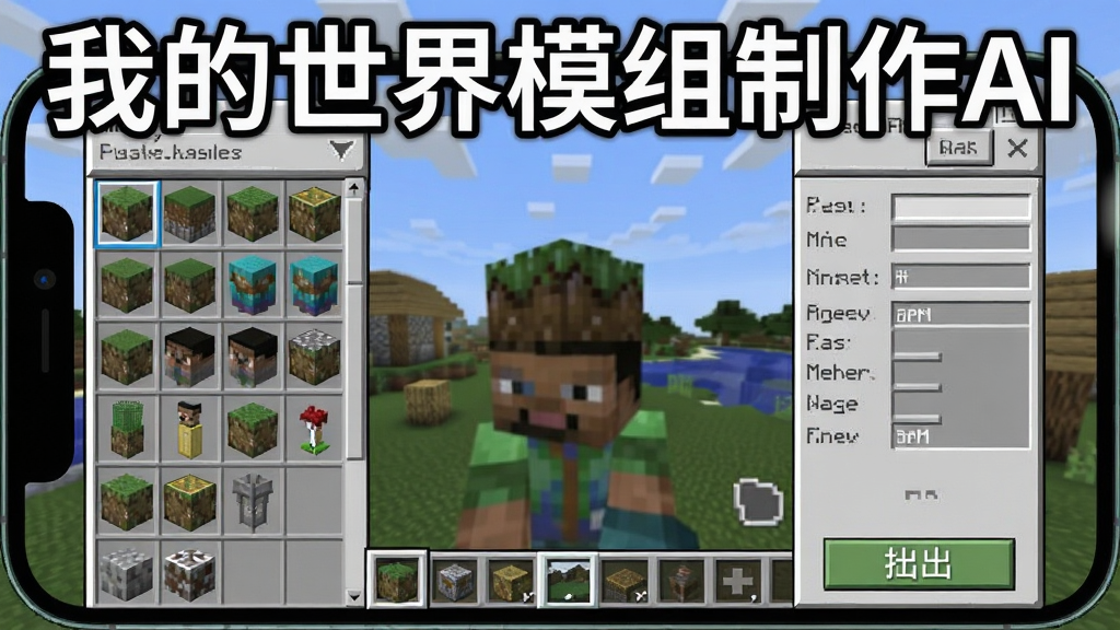 一张展示我的世界模组制作AI在手机上运行界面的截图,画面中显示正在编辑一个模组,左侧是素材列表,右侧是属性面板,底部有导出按钮,背景为游戏场景,整体界面清晰,文字标注“我的世界模组制作AI”,画质干净无多余元素