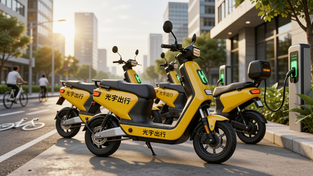 一幅现代城市街景为主题的光宇出行共享电动车宣传图,画面中央停放数辆黄黑配色电动车,车身上印有“光宇出行”字样,背景是清晨阳光下的写字楼与自行车道,构图采用三分之一地平线,主体突出,风格写实明亮,细节包含车辆充电指示灯与路边绿植,画质高清干净,无多余元素