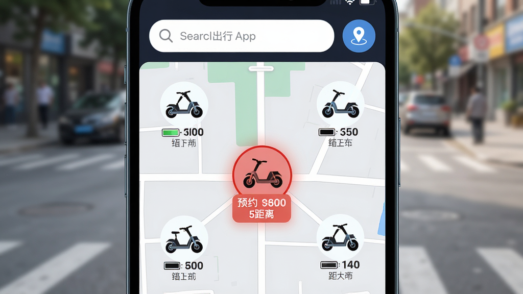 手机屏幕特写光宇出行App找车界面,地图上显示多个电动车图标,其中一辆被红色标记为预约状态,界面顶部有搜索框与定位按钮,背景为模糊的户外街景,主体为手机屏幕,布局居中,风格科技感简洁,细节高亮显示车辆电量与距离,画质清晰干净,无多余元素