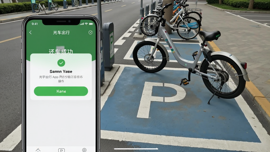 光宇出行App用户骑行结束还车操作界面截图,画面显示车辆已停放在画有P字的停车区域内,手机界面弹出“还车成功”提示,背景是街道旁的非机动车停放区,主体为手机与停车场景,布局清晰,风格写实,细节包含P点标线,画质干净,无多余元素