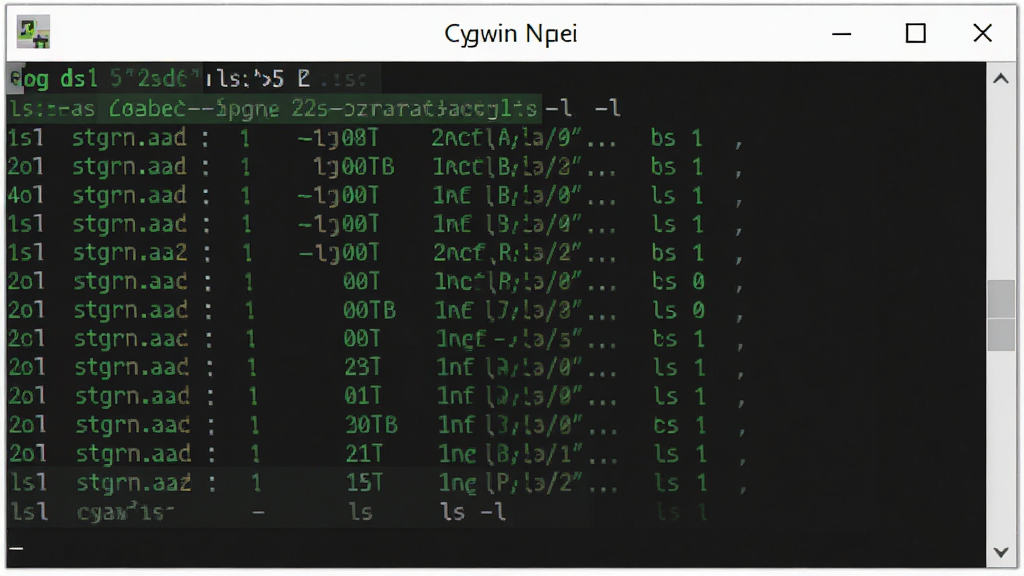 展示Cygwin终端窗口内运行ls -l命令,显示文件列表,终端配色为深色背景绿色文字,布局简洁,画质干净,无多余元素