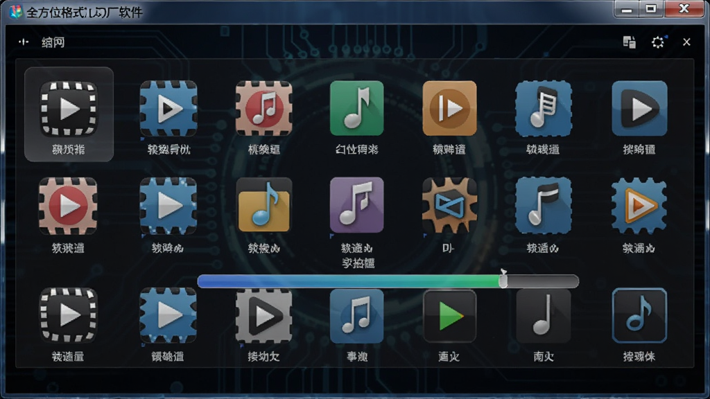 全方位格式工厂软件格式转换界面预览图,屏幕中显示多种视频和音频格式图标,正在进行格式转换操作,界面有进度条显示,背景为深色科技感风格,画质高清细腻