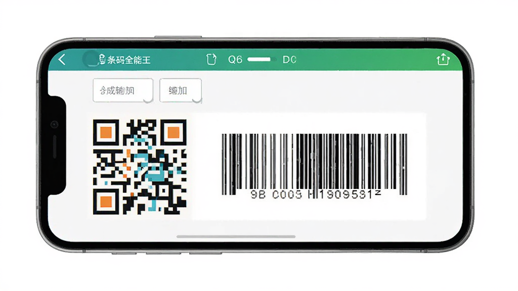 条码全能王生成条码功能演示图,主体为手机屏幕显示条码编辑界面,布局屏幕居中,排版有输入框和生成的条码预览,风格简洁,细节展示彩色二维码和黑白条形码,画质高清干净无多余元素