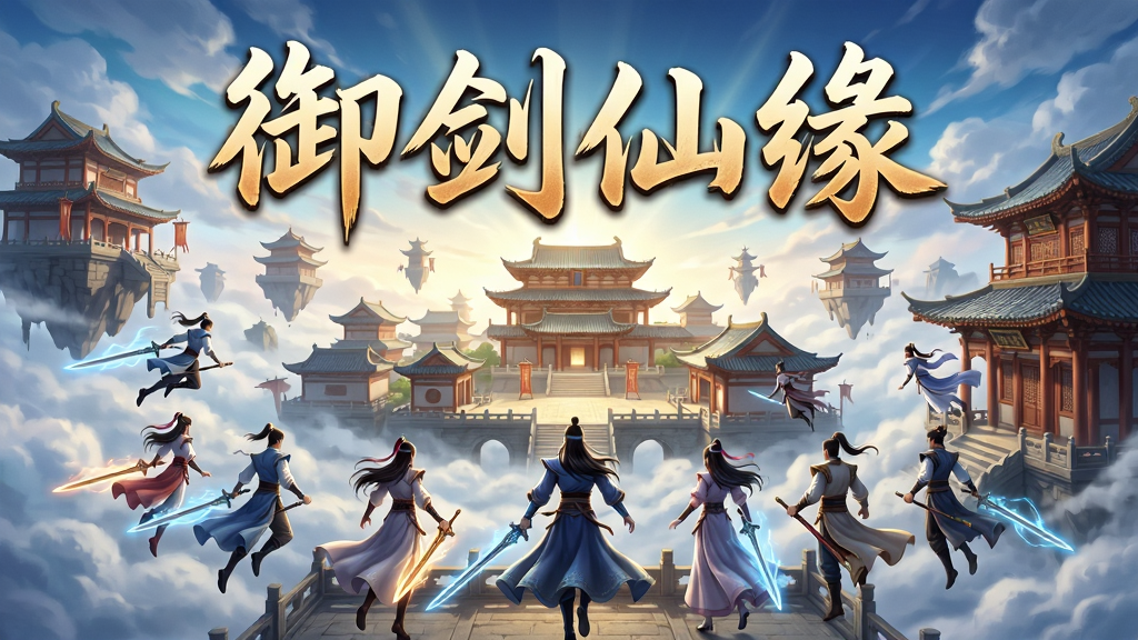 主体:仙侠风格的游戏主城场景,云雾缭绕,古色古香的建筑悬浮于空中,一群玩家角色御剑飞行,画面中央显示“御剑仙缘”四个大字。布局:主城全景作为背景,前景为玩家角色群像,文字居中醒目。排版:游戏宣传海报式构图,文字占据画面上方三分之一。风格:东方玄幻唯美,色彩明快,光影效果强烈。细节:建筑雕梁画栋,云雾动态,角色服装飘逸,武器发光。画质:8K高清,细节丰富,干净无多余元素。