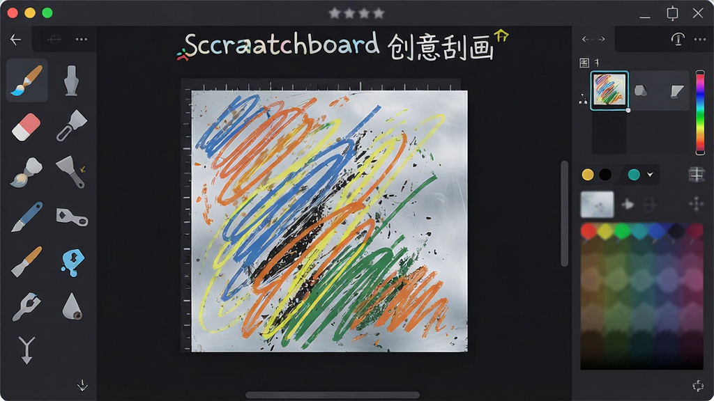 主体:Scratchboard软件主界面,展示画布、工具栏和图层面板;布局:左侧为画笔工具列表,右侧为图层与颜色调整区,中央为一块正在绘制的刮画作品;排版:界面元素整齐排列,图标清晰;风格:现代扁平化设计,搭配深色主题与亮色点缀;细节:画布上呈现刮擦出的彩色线条与纹理,工具栏图标包含笔刷、橡皮、刮刀等;画质:高清渲染,干净无多余元素,文字标注“Scratchboard 创意刮画”