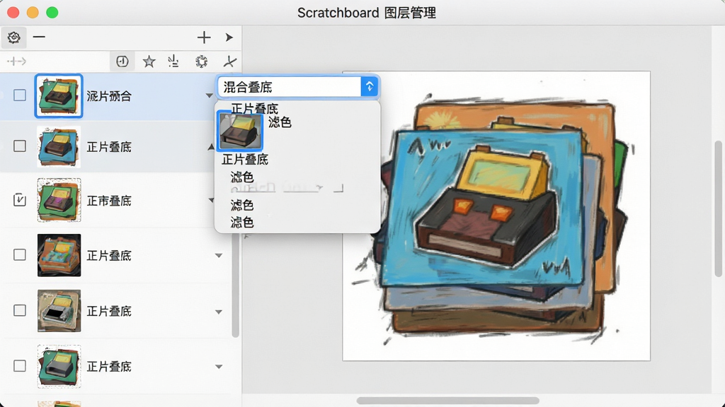 主体:Scratchboard软件图层编辑界面,展示多个图层堆叠与混合模式菜单;布局:左侧为图层列表,右侧为画布中显示多层叠加后的图像效果;排版:图层列表以缩略图与名称排列,混合模式下拉菜单展开;风格:简洁清晰的UI设计,浅色背景搭配彩色缩略图;细节:图层缩略图呈现不同刮画层次,混合模式菜单包含“正片叠底”“滤色”等选项;画质:锐利清晰,无多余元素,界面顶部显示“Scratchboard 图层管理”