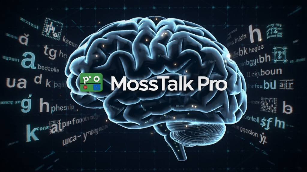 一张抽象数字大脑与多国语言字母交织的3D渲染图,中央悬浮着MossTalk Pro的Logo,背景为深蓝色科技网格,周围环绕着代表不同语言的文字符号,象征AI大模型驱动的强大语言处理能力,画质细腻,光效炫丽,充满未来科技感