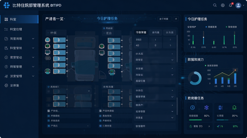 比特住院部管理系统BITIPD网络版主界面,展示患者床位一览图与今日护理任务面板,现代简约的医疗软件UI设计,深蓝色科技感色调,左侧科室导航栏,右侧数据看板,布局清晰规整,高分辨率,画质干净,无多余元素