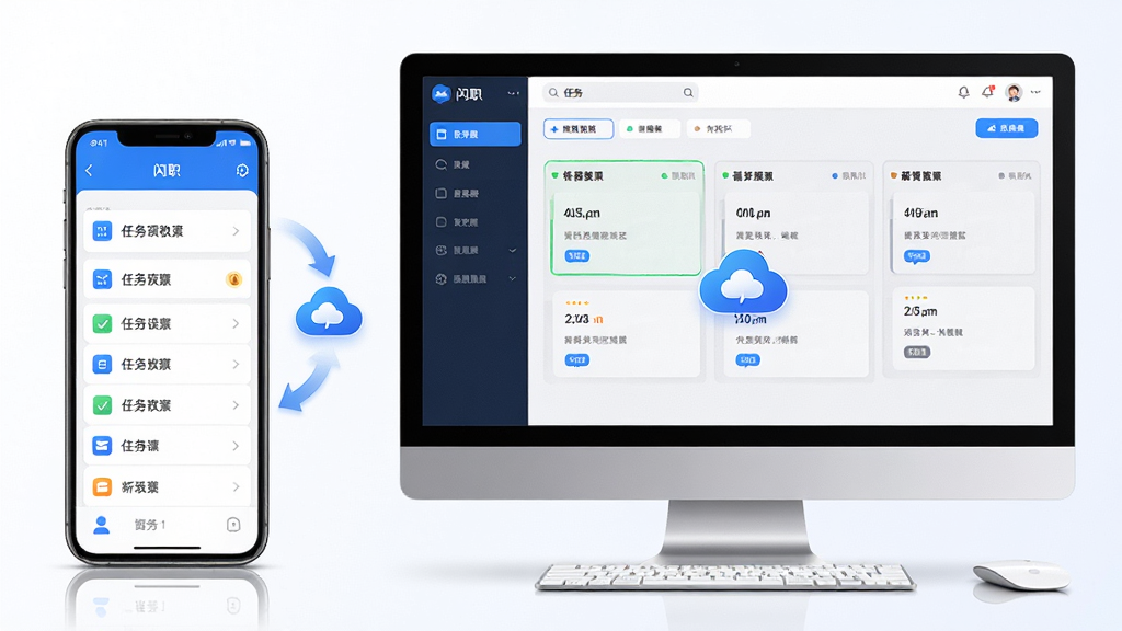 闪职使用教程配图,主体为手机与电脑并排展示同步界面,手机屏幕显示任务列表,电脑屏幕显示看板,布局左右对称,排版干净,风格商务科技感,细节有同步箭头与云朵图标,画质高清干净,无多余元素