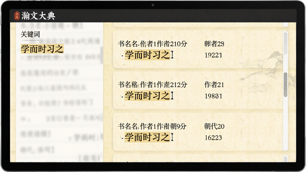 针对“瀚文大典”检索功能的预览图,画面主体为软件的检索结果页面,左侧显示检索关键词“学而时习之”,右侧展示多条古籍条目,每条包含书名、作者、朝代信息,背景为淡黄色宣纸纹理,整体布局清晰,排版有序,风格简约学术,细节突出高亮匹配文字,画质高清,干净无多余元素