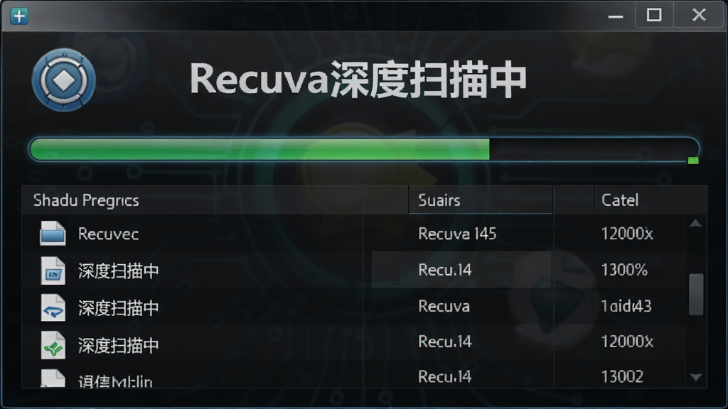 Recuva深度扫描过程示意图,显示扫描进度条与已发现的文件列表,界面以深色背景突出扫描状态,图标清晰,文字标注
