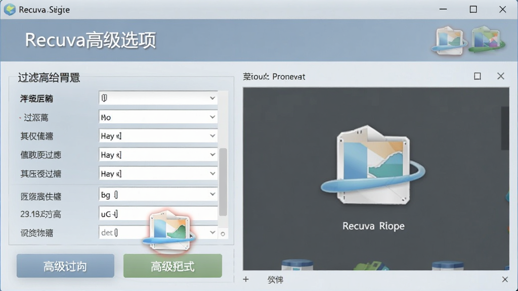 Recuva高级模式界面预览图,显示过滤器设置区域与文件预览窗口,布局规整,色彩柔和,强调功能按钮,文字标注