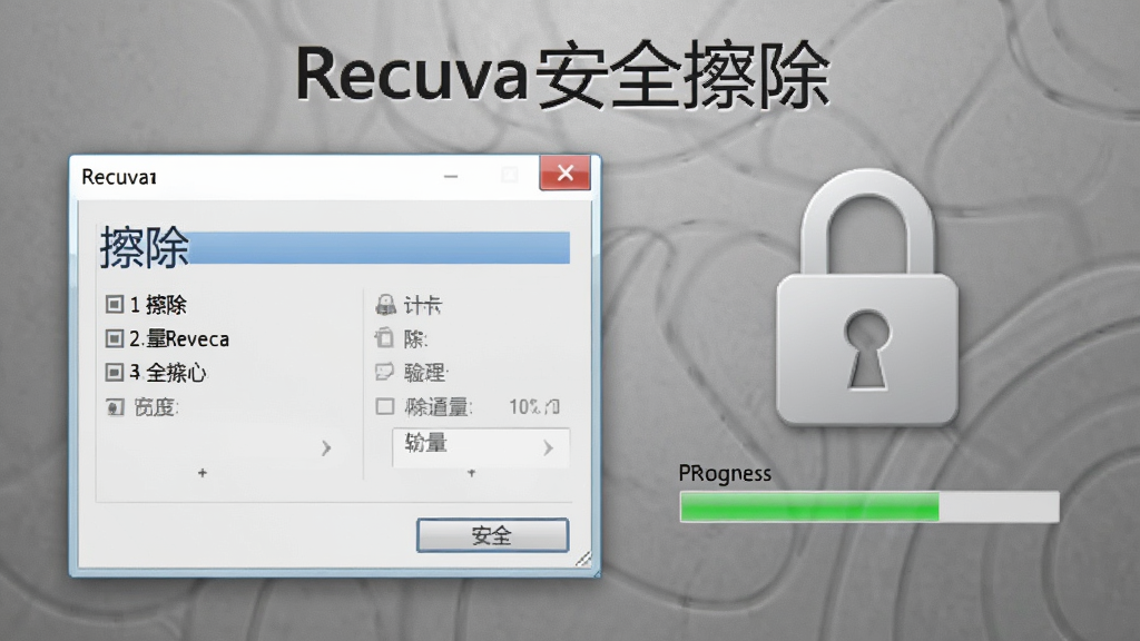 Recuva安全擦除功能示意图,展示擦除选项窗口与进度指示,背景为灰色质感,锁形图标代表安全,文字标注
