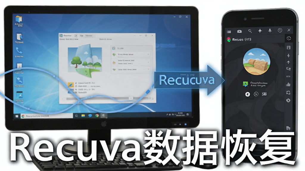 Recuva使用场景示意图,展示电脑与手机模拟器同时运行的画面,强调数据恢复的便捷性,风格写实,画质清晰,文字标注