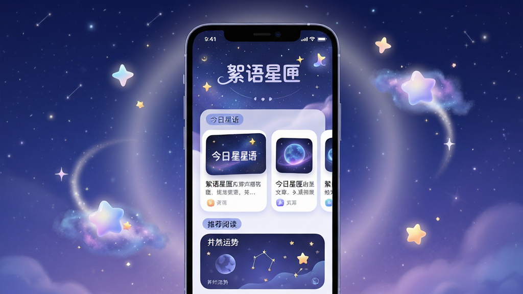 主体:絮语星匣应用界面,手机屏幕展示星空背景与柔和光晕,界面有“絮语星匣”字样logo,下方是精选文章卡片与星座运势模块。布局:手机居中,屏幕朝前,周围点缀闪烁星星与漂浮的星云。排版:界面元素清晰,图标圆润,文字排版简洁。风格:唯美梦幻,治愈系,蓝紫色调,高质感渲染。细节:屏幕内显示“今日星语”、“推荐阅读”等标签,星星有光晕拖尾。画质:8k超清,干净,无多余元素。