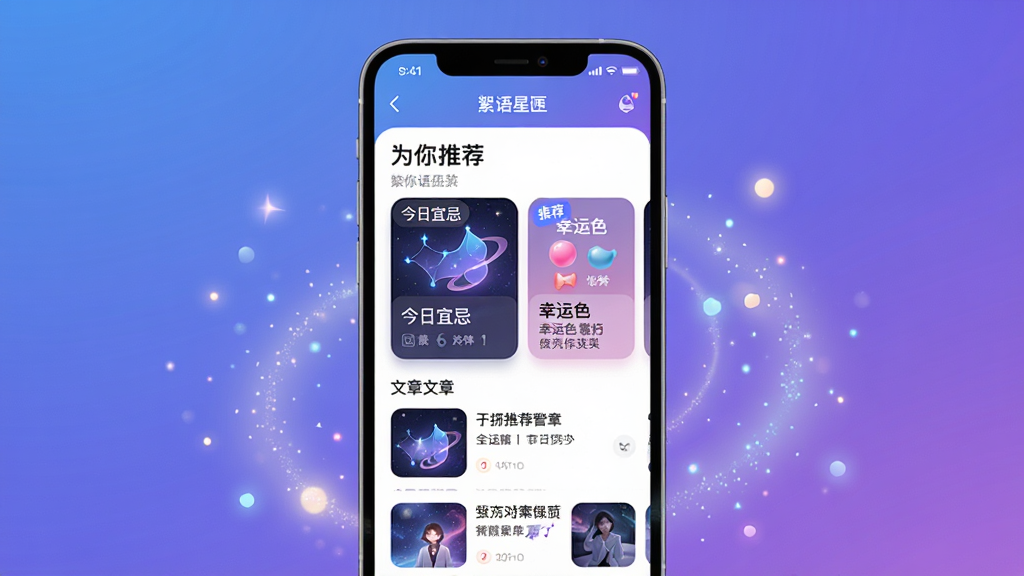 主体:絮语星匣APP的智能推荐功能展示,手机屏幕显示“为你推荐”栏目,包含星座运势卡片和文章列表。布局:手机位于画面中央,屏幕内容清晰可见,周围有柔和的光线粒子。排版:卡片式布局,圆角设计,信息层级分明。风格:现代简约,科技感与梦幻感结合,蓝紫渐变背景。细节:屏幕上有“今日宜忌”、“幸运色”等星座元素,推荐卡片带有“推荐”小标签。画质:高清渲染,干净,无多余元素。