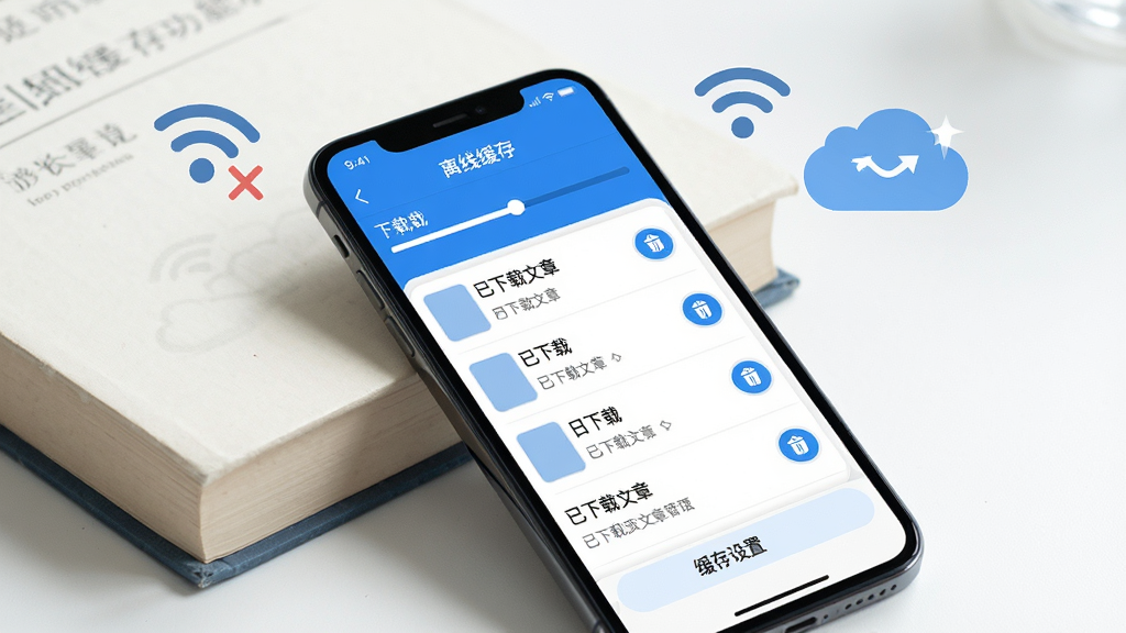 主体:絮语星匣离线缓存功能示意,手机屏幕显示“离线缓存”管理页面,有列表和下载进度条。布局:手机放在一本书旁,周围有Wi-Fi断开图标和云朵。排版:列表清晰,有下载状态标记。风格:简洁,实用,蓝白配色。细节:屏幕上有“已下载文章”列表,每个项目有删除按钮,底部有“缓存设置”选项。画质:干净,无多余元素。