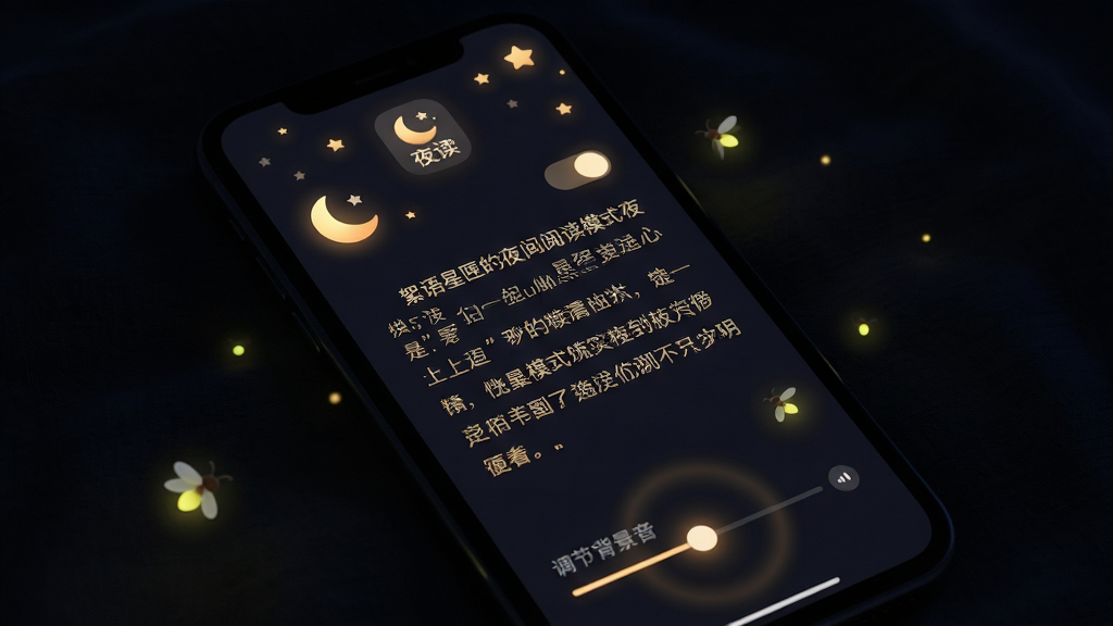 主体:絮语星匣的夜间阅读模式界面,手机屏幕显示深色背景下的阅读页面,有月亮和星星的微光装饰。布局:手机在暗色环境中发亮,屏幕上有“夜读模式”开关。排版:文字清晰,行距舒适,底部有调节背景音的滑动条。风格:静谧,温馨,暗色调为主,点缀暖色光晕。细节:屏幕显示一段优美的散文,顶部有“夜读”图标,周围有萤火虫般的光点。画质:细腻,干净,无多余元素。