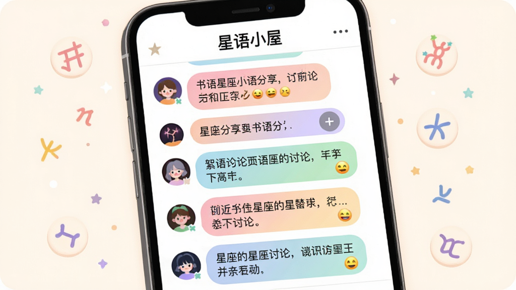 主体:絮语星匣的星座社群互动界面,手机屏幕显示群聊页面,有不同星座的头像和对话气泡。布局:手机屏幕占据主画面,周围有星座符号点缀。排版:聊天气泡圆润,色彩柔和,顶部有“星语小屋”标题。风格:活泼,温馨,多彩但不刺眼。细节:对话内容包含书籍分享和星座讨论,有“+ ”按钮和表情符号。画质:清晰,干净,无多余元素。