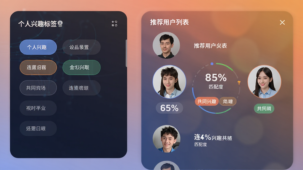 连枝软件智能匹配功能界面示意图,左侧为个人兴趣标签设置页面,右侧为推荐用户列表,两人头像之间显示匹配度百分比和共同兴趣标签,背景为柔和的渐变色,整体风格科技感与温馨感并存,画质清晰,无多余元素