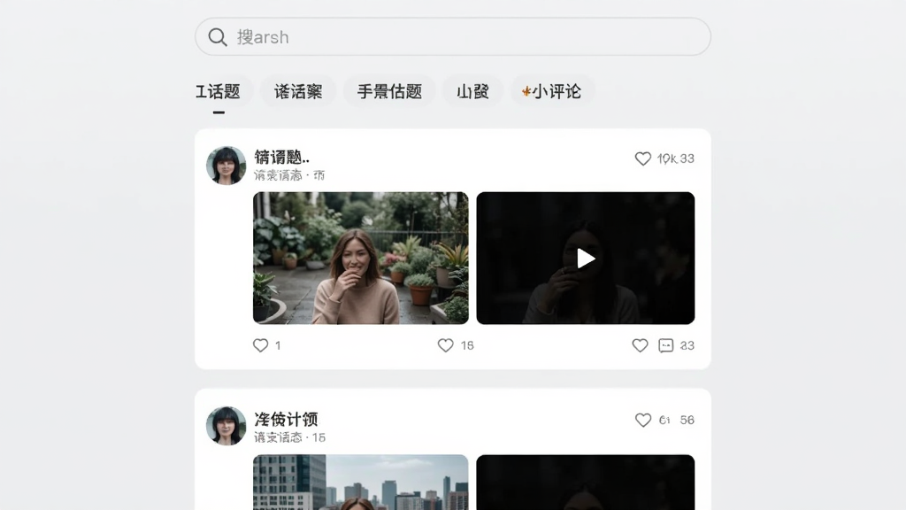 连枝动态广场界面截图,顶部为搜索栏和话题标签,下方为瀑布流式动态卡片,包含用户头像、昵称、图片或视频缩略图和点赞评论数,背景为浅灰色,风格简约时尚,画质干净,无多余元素