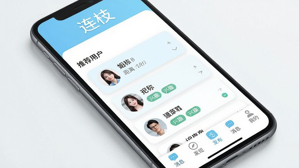 手机屏幕展示连枝交友软件主界面,界面风格清新明快,顶部显示“连枝”品牌标识,中部为推荐用户卡片列表,包含用户头像、昵称、距离和兴趣标签,底部设有消息、发现、发布、消息、我的五个导航按钮,整体布局简洁现代,色彩以浅蓝和白色为主,画质干净,无多余元素