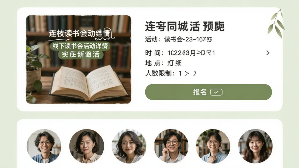 连枝同城活动页面预览图,展示一个线下读书会活动详情,包含活动封面、时间、地点、人数限制和报名按钮,下方为参与者的头像列表,背景为淡绿色,风格清爽自然,画质干净,无多余元素