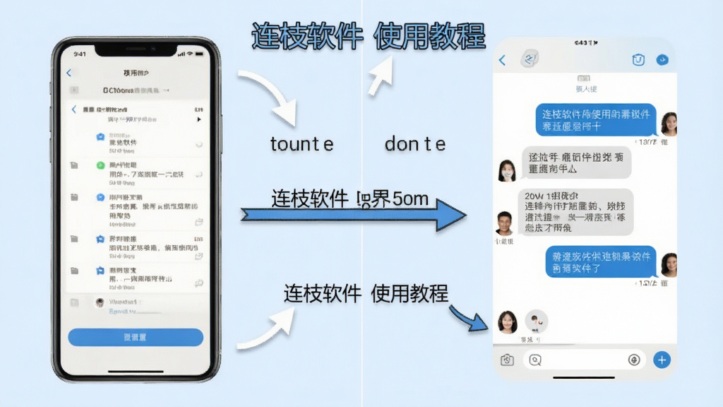 连枝软件使用教程示意图,画面分为左右两部分,左边为手机设置界面,右边为聊天界面,配有箭头和文字说明,整体风格简洁明了,背景为淡蓝色,画质干净,无多余元素