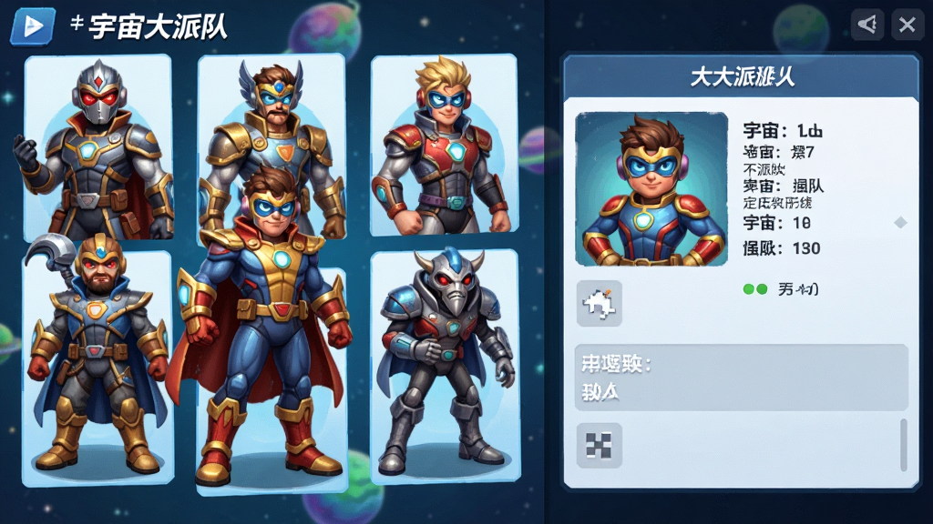 主体为《宇宙大派队》游戏中的英雄角色展示界面,画面左侧排列着多个立绘精美的游戏角色,右侧显示选中角色的详细信息面板。布局采用左右分栏设计,角色立绘高清,细节丰富。排版整洁,信息层级分明。风格为游戏UI截图风格,色彩鲜艳,画质干净,无多余元素。