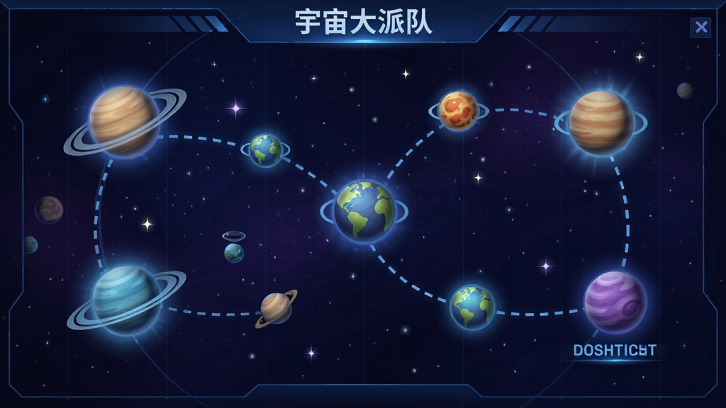 主体为《宇宙大派队》星际探索的地图界面,显示一片浩瀚的星图,上面标有多个可探索的星球图标,一条虚线路径连接着各个星球。布局采用横版星图设计,星球大小不一,带有光晕特效。排版清晰,目的地标注明确。风格为游戏地图UI,科技感十足,色调以深蓝和紫色为主,画质干净,无多余元素。