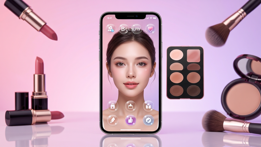 主体:一部智能手机屏幕显示美妆美颜Beauty镜子的主界面,界面中央是一位年轻女性清晰的脸庞,右侧有虚拟化妆盘。布局:手机位于画面中央,背景为柔和的粉紫色渐变,周围散落着口红、粉饼、化妆刷等美妆产品。排版:手机界面中的功能图标排列整齐,色调清新。风格:现代科技感与时尚美妆风结合,光线明亮柔和。细节:手机屏幕中女性妆容精致,界面图标有光泽感,地面有淡淡倒影。画质:8k超高清,干净,无多余元素。
