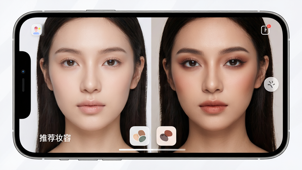 主体:美妆美颜Beauty镜子APP界面,展示AI智能美妆推荐功能,屏幕中一位女性的左右脸分别显示不同风格的妆容效果。布局:手机横屏展示,左右分屏对比,左侧为清透裸妆,右侧为精致晚宴妆。排版:屏幕下方有“推荐妆容”字样和两个可点击的色板图标。风格:科技感与时尚感融合,界面简洁明亮。细节:左右妆容对比明显,肤色自然,界面图标精致。画质:高清,干净,无多余元素。
