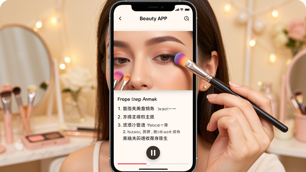 主体:美妆美颜Beauty镜子APP内的美妆教程播放页面,一位美妆博主正在屏幕中演示眼妆画法。布局:手机竖屏展示,上方为视频播放区域,下方为教程步骤文字与暂停/播放按钮。排版:视频画面清晰,步骤文字分段展示,底部有进度条。风格:明亮温馨,教学氛围浓厚。细节:博主手中的眼影刷颜色鲜明,眼部特写镜头清晰。画质:高清,干净,无多余元素。