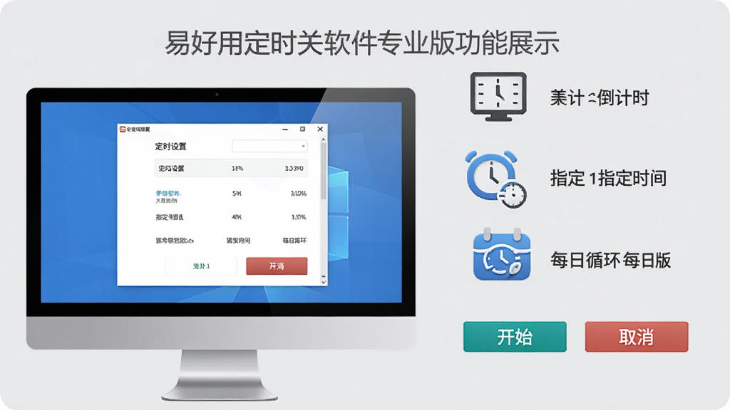 易好用定时关机软件专业版功能展示图,画面左侧是电脑屏幕,屏幕上显示定时设置面板,右侧有三个图标分别代表倒计时、指定时间、每日循环,下方有“开始”“取消”按钮,背景为浅灰色,风格简洁,画质高清