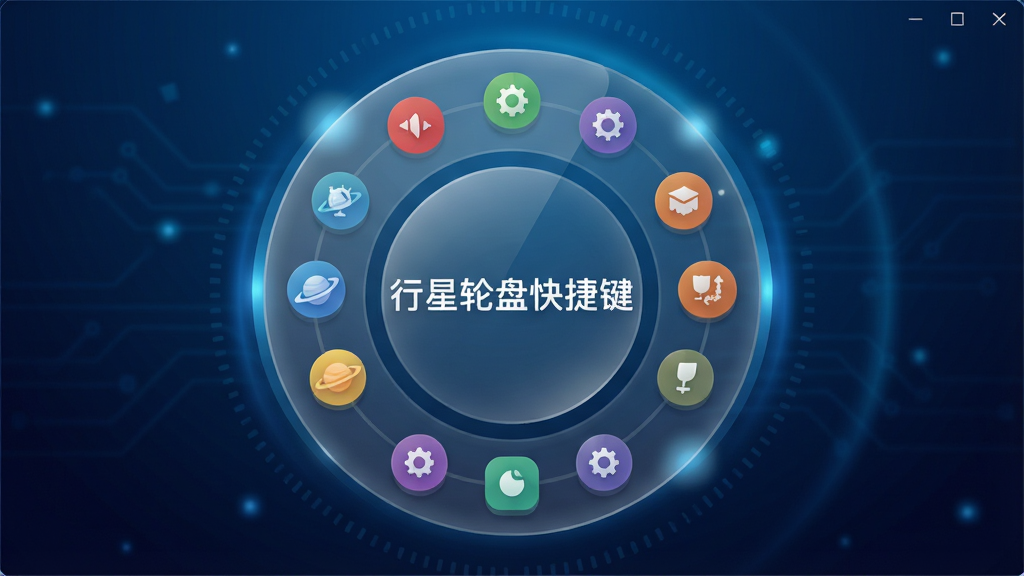 一幅展示行星轮盘快捷键软件主界面的高清数字插图,主体为半透明玻璃质感的圆形轮盘,环绕排列着多彩的功能图标,背景为深蓝色渐变科技感光效,布局居中,风格扁平化且带有微光晕,细节刻画细腻,画质清晰干净,无多余元素,屏幕中央显示