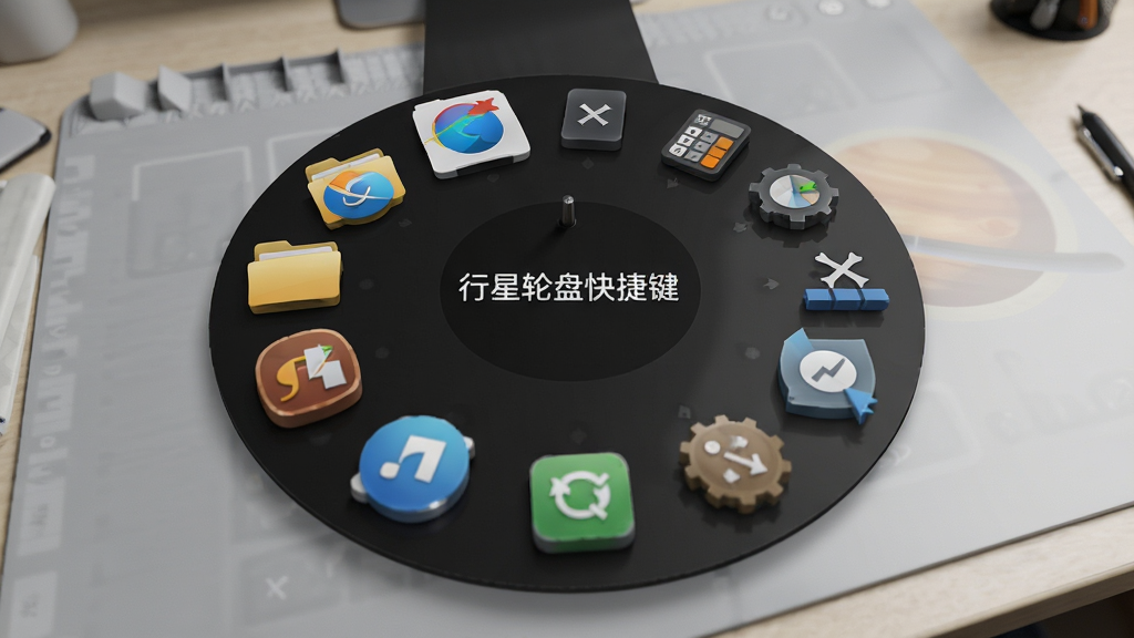 一张展示行星轮盘快捷键轮盘菜单展开状态的界面截图,主体为圆形轮盘上分布着文件夹、浏览器、计算器等彩色图标,背景为浅灰色工作台,布局以中心焦点透视,风格写实且光影自然,细节包括图标高光和阴影,画质清晰干净,轮盘中央有