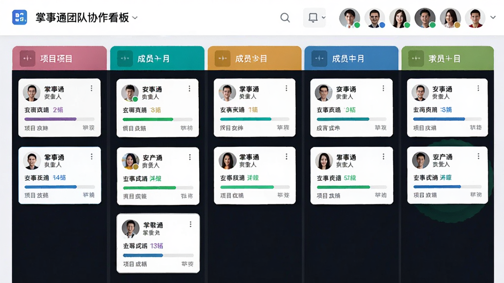 掌事通团队协作看板界面截图,展示多个列代表不同阶段,列内分布任务卡片,卡片上显示负责人头像和进度条,顶部有项目名称和成员列表,界面色彩明亮,布局清晰,风格商务,画质干净,无多余元素