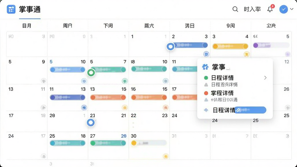 掌事通日程日历界面展示,月视图风格,日期格内显示不同颜色的日程圆点,点击某日弹出日程详情卡片,界面以白色为底,蓝色点缀,风格简约,画质清晰,无多余元素