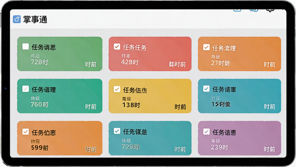 掌事通应用内任务管理界面预览图,显示多个不同颜色的任务卡片,每个卡片上有复选框、任务名称和截止时间,界面背景为浅灰色,卡片排列整齐,色彩区分任务优先级,整体风格清爽,细节丰富,画质高清,无多余元素