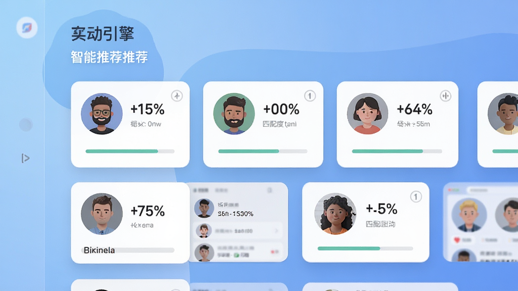 互动引擎智能推荐界面,屏幕中显示多个用户头像卡片,带有匹配度百分比,背景为柔和蓝色渐变,现代扁平化设计,画质干净,无多余元素