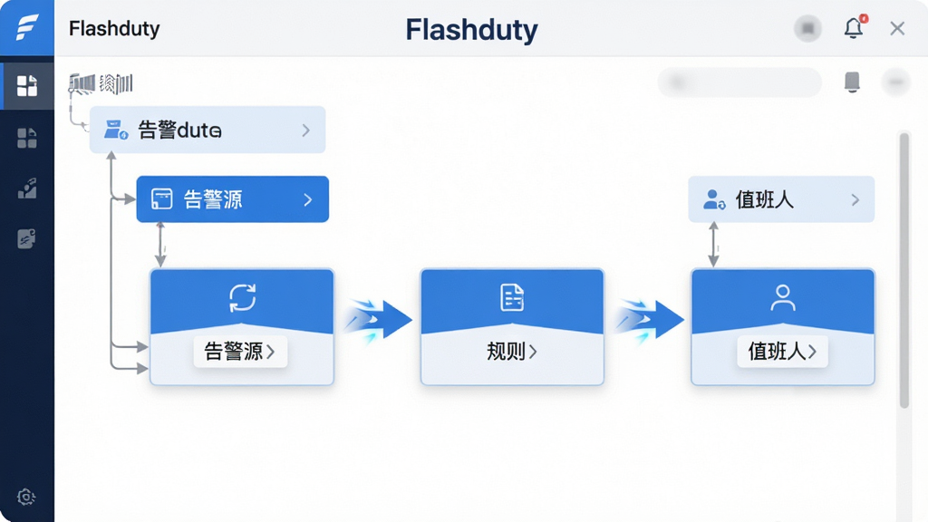 主体:Flashduty软件的告警路由配置界面,显示树状流程图,节点为“告警源”、“规则”、“值班人”。布局:流程从左到右,节点用卡片表示,连线有箭头。排版:层次分明,顶部有“Flashduty”字样。风格:专业,蓝白配色。细节:卡片带图标,箭头有动画效果。画质:极清,干净,无多余元素。