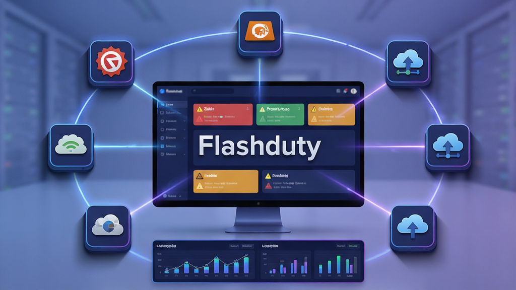 主体:Flashduty软件的告警聚合界面,屏幕中央显示“Flashduty”字样,周围汇聚来自不同监控系统的图标(如Zabbix、Prometheus、云服务器)。布局:中心是屏幕,图标呈环形分布,光线连接。排版:屏幕在中间,图标围绕,底部有数据统计。风格:科技感,蓝紫色调,光效。细节:图标带有阴影和发光边缘,屏幕内有彩色告警卡片。画质:超清,干净,无多余元素。