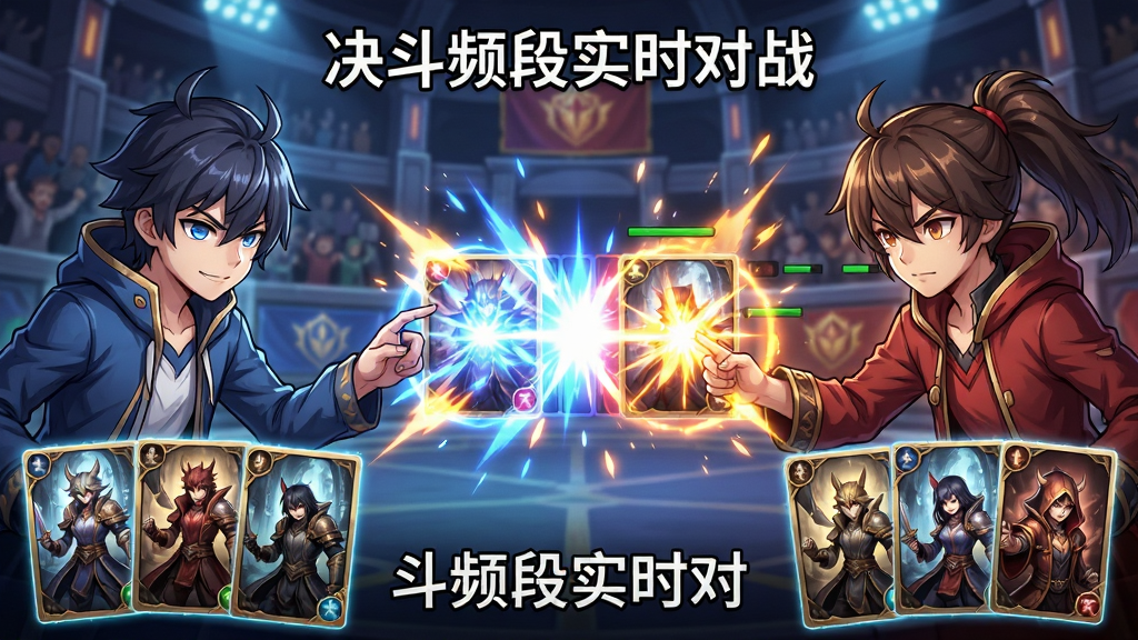 主体为两名玩家在线对战画面,左右各展示一位玩家的角色形象和卡牌,中间为战斗特效,背景为竞技场场景,布局左右对称,排版清晰,风格为动漫风格,细节丰富,画质高清,干净无多余元素,图片中文字标注“决斗频段实时对战”