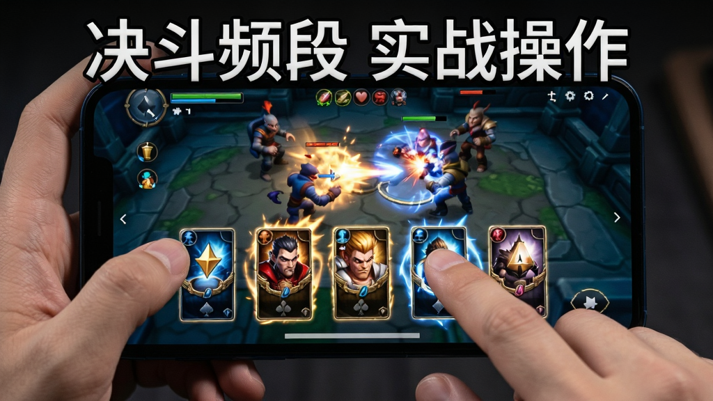 主体为玩家手机操作游戏界面,手指点击卡牌,屏幕显示战斗特效,背景为游戏对战画面,布局居中,排版清晰,风格为写实拍摄风格,细节丰富,画质高清,干净无多余元素,图片中文字标注“决斗频段 实战操作”