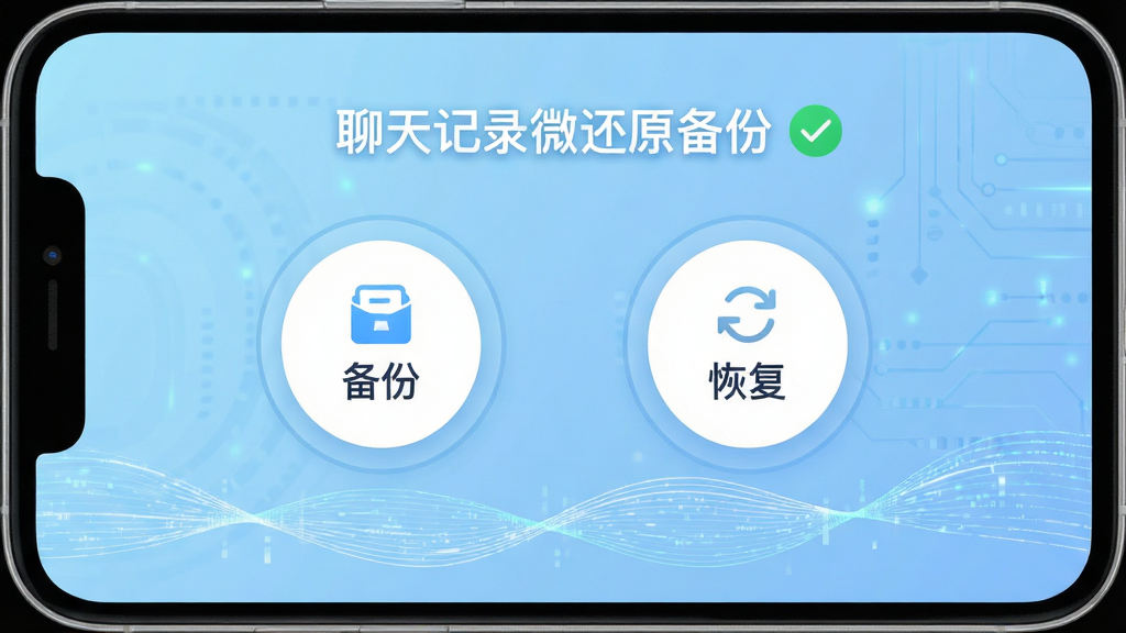 主体:聊天记录微还原备份软件主界面,展示“备份”、“恢复”两大圆形按钮,背景为淡蓝色科技感渐变。布局:手机屏幕居中,按钮下方有波浪形数据流动线条。排版:界面干净,功能图标清晰。风格:扁平化、现代、清新。细节:屏幕上的文字显示“聊天记录微还原备份”,并伴有绿色对勾图标。画质:高清、干净、无多余元素。