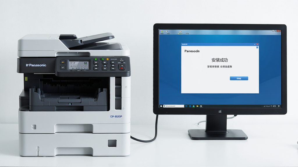 主体:松下DP-8020P数码复合机与电脑连接场景,打印机外观清晰可见。布局:打印机位于画面左侧,电脑屏幕显示驱动安装完成界面,右侧留白。排版:简洁明了,突出设备与屏幕内容。风格:写实科技风,光线明亮。细节:打印机面板指示灯亮起,屏幕显示“安装成功”字样。画质:高清,干净,无多余元素。